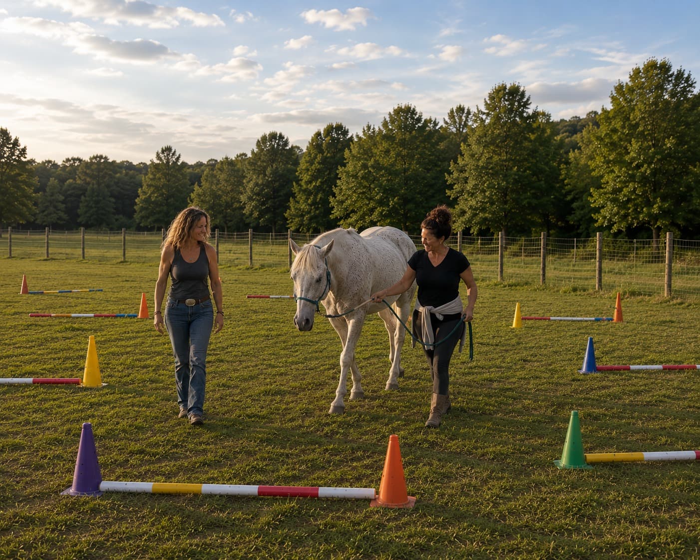 A learning session walking a horse through a course at golden hour