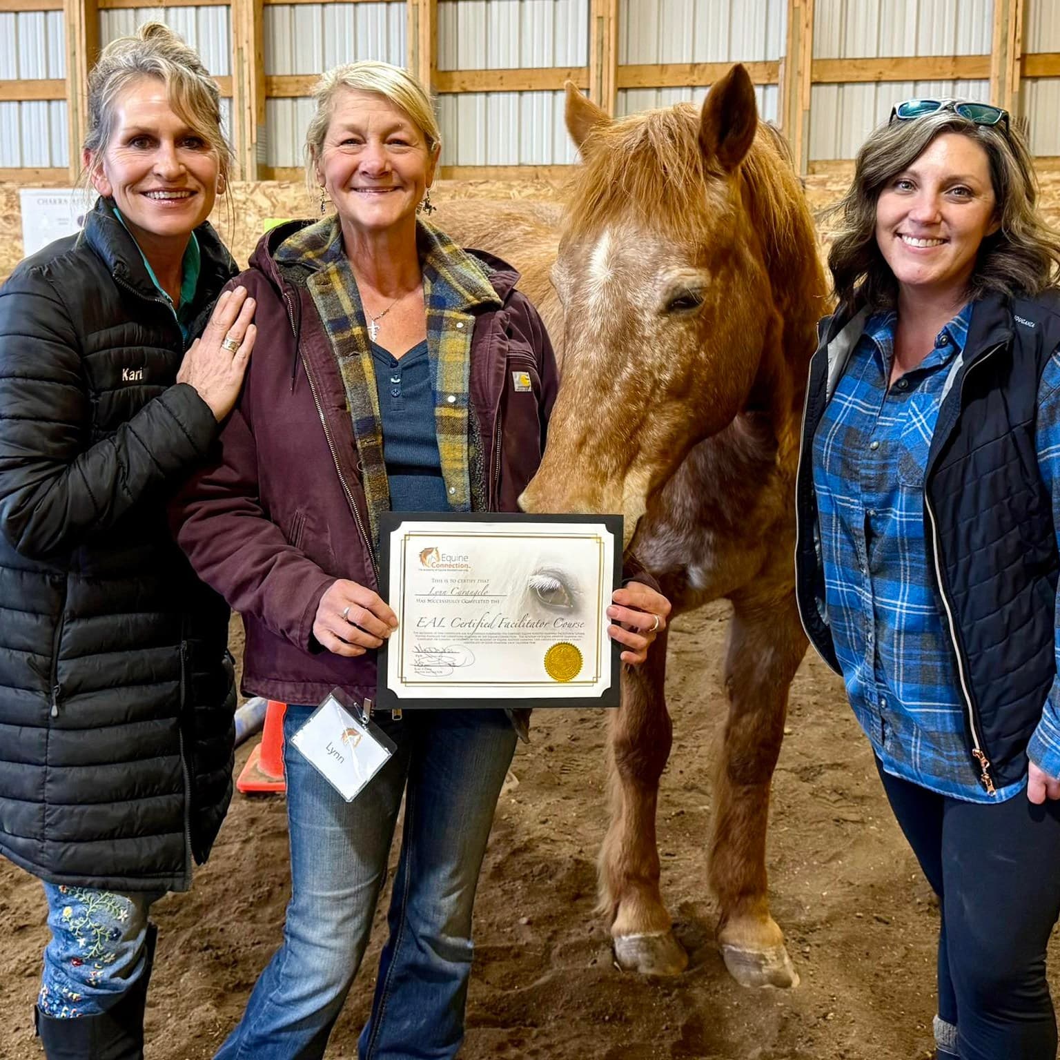 A team celebrating together after completing an Equine Assisted Learning session at BellaSoul Farm