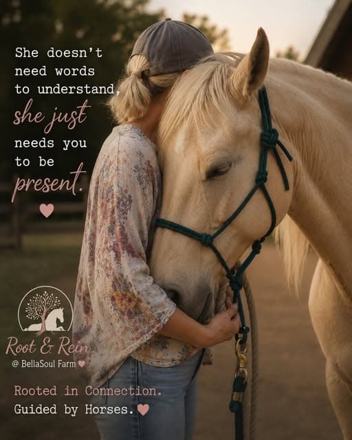 A woman resting her head gently against a palomino horse — "she just needs you to be present"