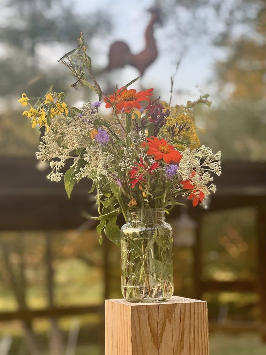 A jar of freshly gathered farm wildflowers